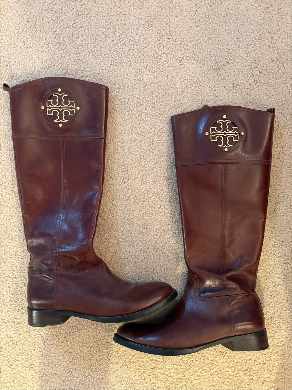 Tory Burch Burgundy Leather Tall Logo Riding Boots